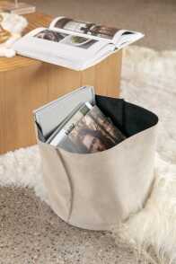 Round Low Beige Leather Storage